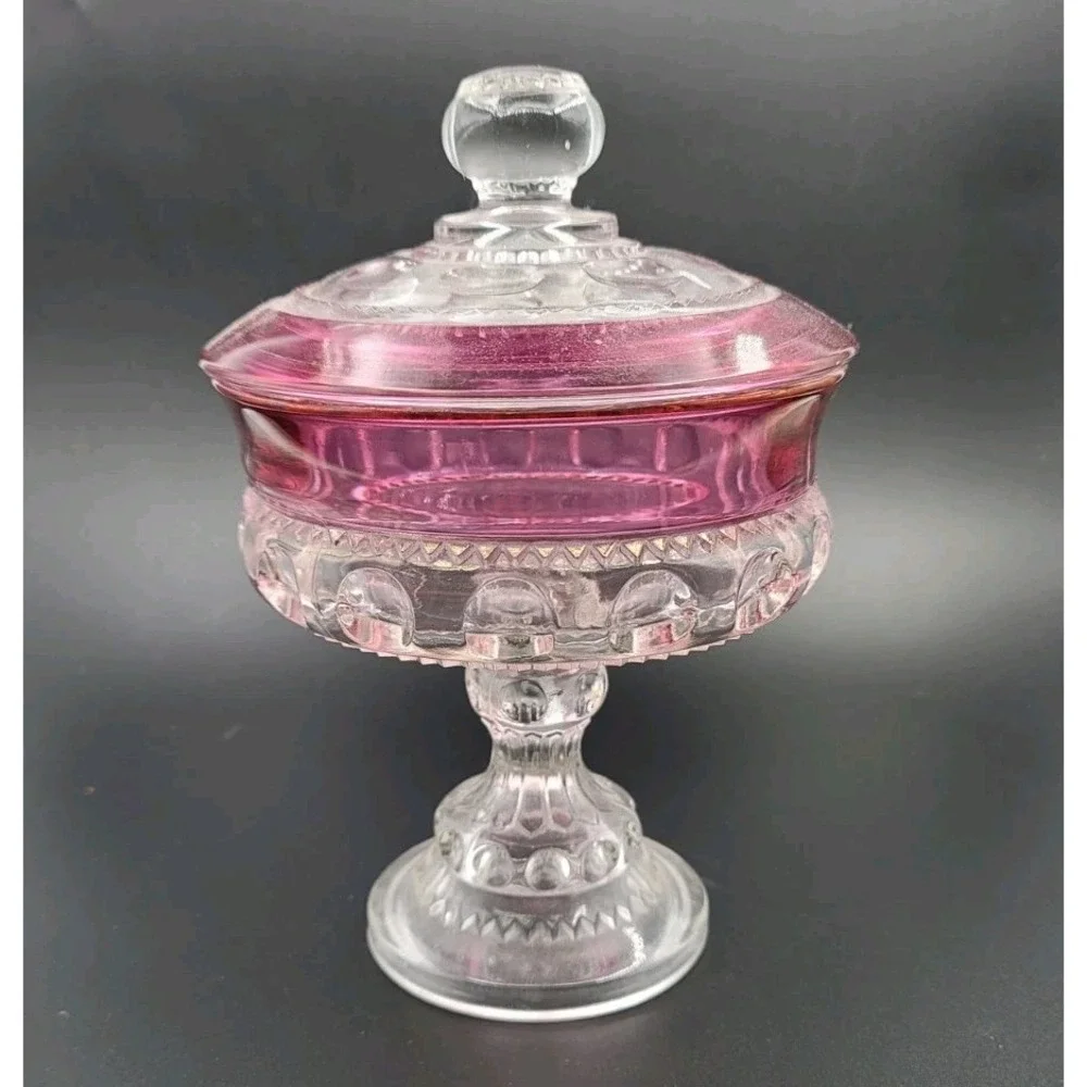 Vintage Clear and Red King's Crown Thumbprint Patterned Glass Lidded dish